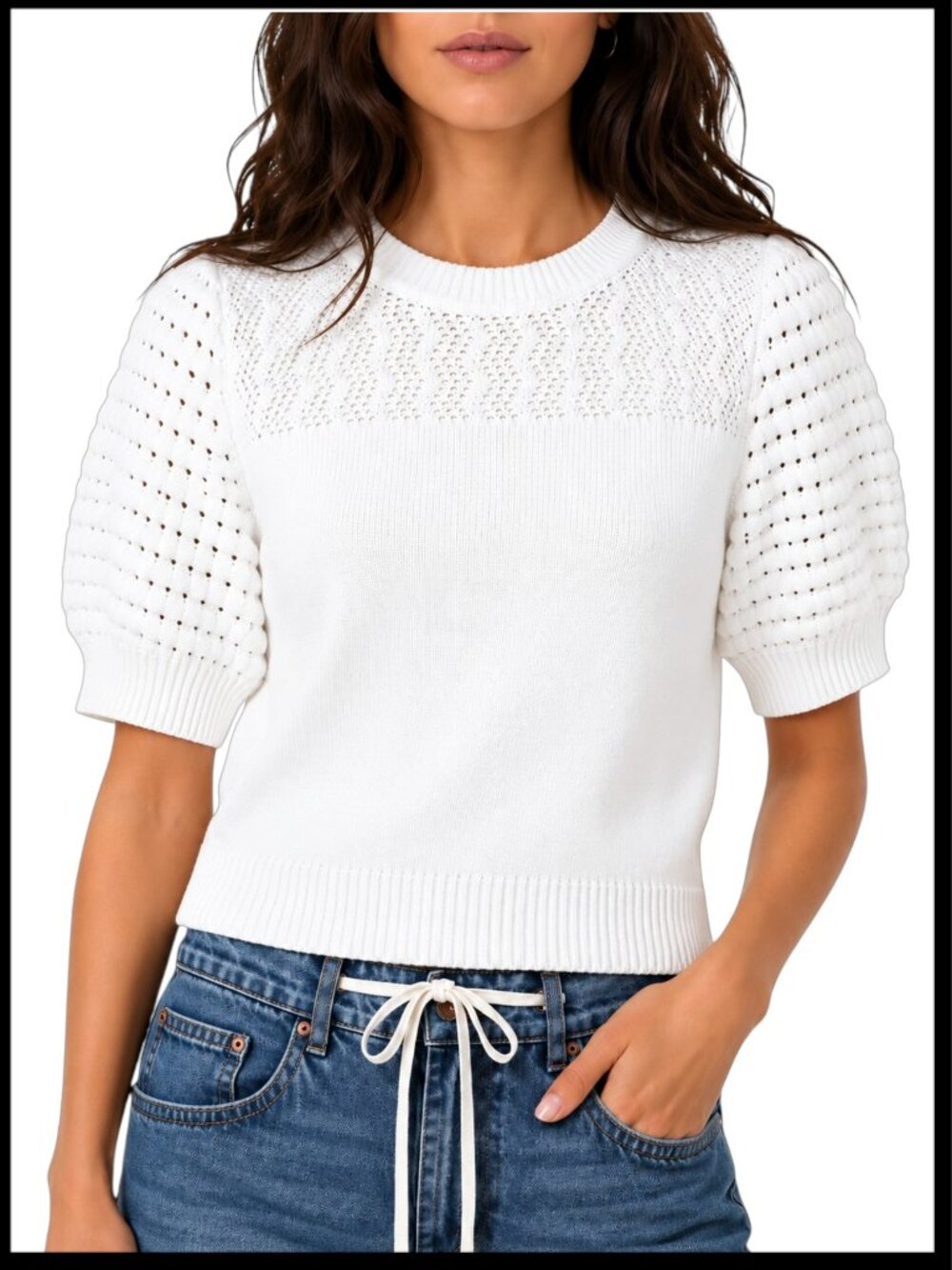 AQUA Sweater White Pointelle Puff Sleeve S